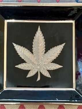 Jonathan Adler Black and Gold Ceramic Decorative Tray with Leaf Motif